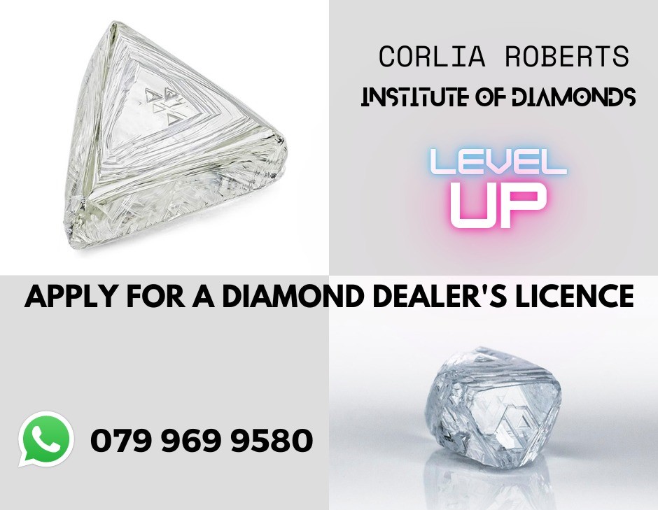 If you looking to get into the diamond  business,  We would recommend to do our rough diamond grading and evaluation course online, Equipment is included cost R14500

To give you an idea of the format please try the first lesson https://diamonds.institute/index/lesson/introduction it will work on your mobile phone as well.

The fee includes assistance with licence application for a diamond dealers licence and business plan as per the requirements of the mining charter, we will complete and submit for you. Cost to regulator, individual R5000 and licence is valid for 5 years. You can have a home office for this purpose.